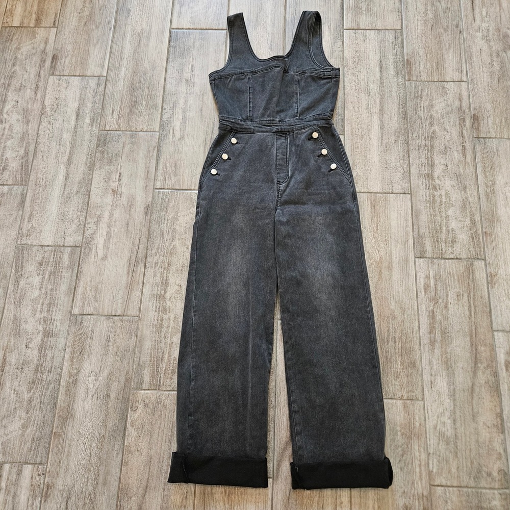 Forever 21 Washed Black Denim Wide-Leg Jumpsuit